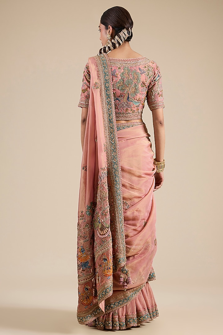 Onion Pink Shimmer Tissue Moti Embroidered Reception Saree Set by Jaya Rathore at Pernia's Pop Up Shop