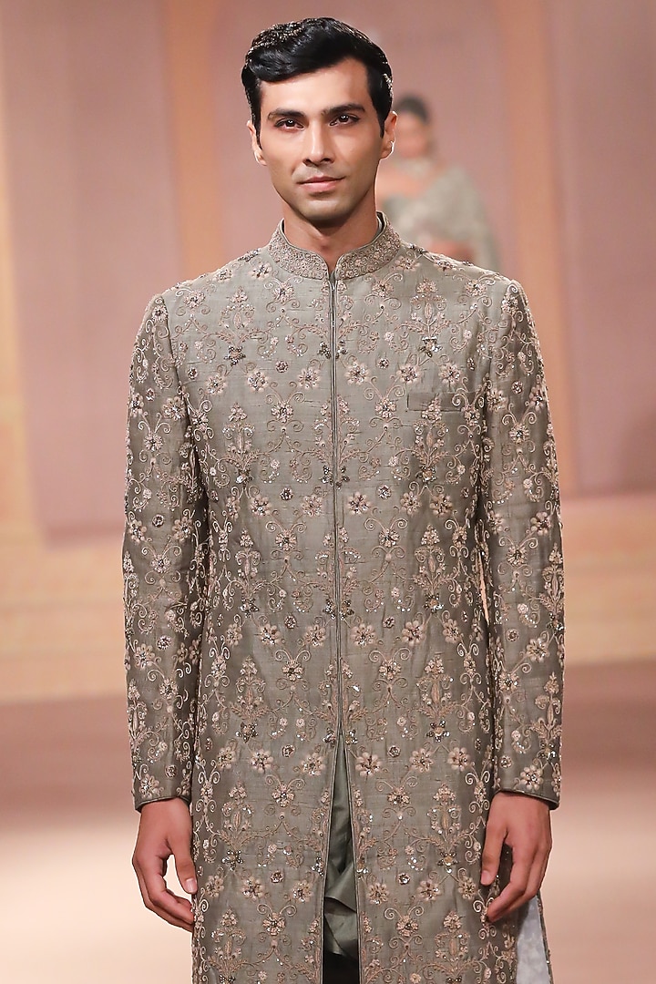 Mint Raw Silk Zardosi Embroidered Groom Sherwani Set by JAYANTI REDDY MEN at Pernia's Pop Up Shop