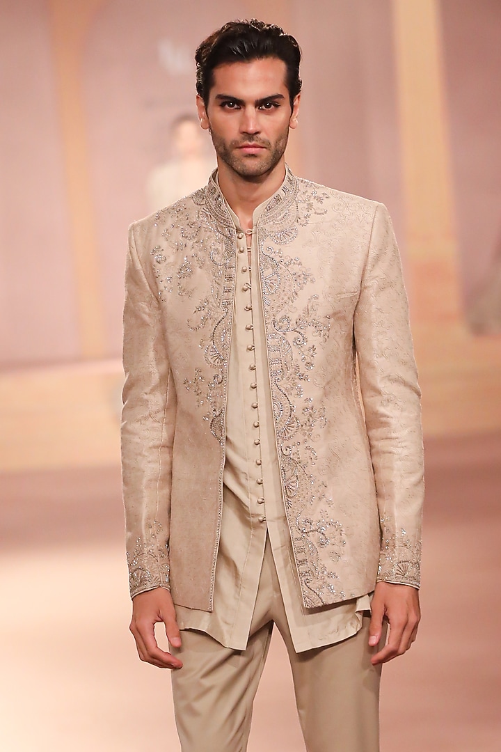 Gold Raw Silk Zardosi Embroidered Groom Bandhgala Set by JAYANTI REDDY MEN at Pernia's Pop Up Shop