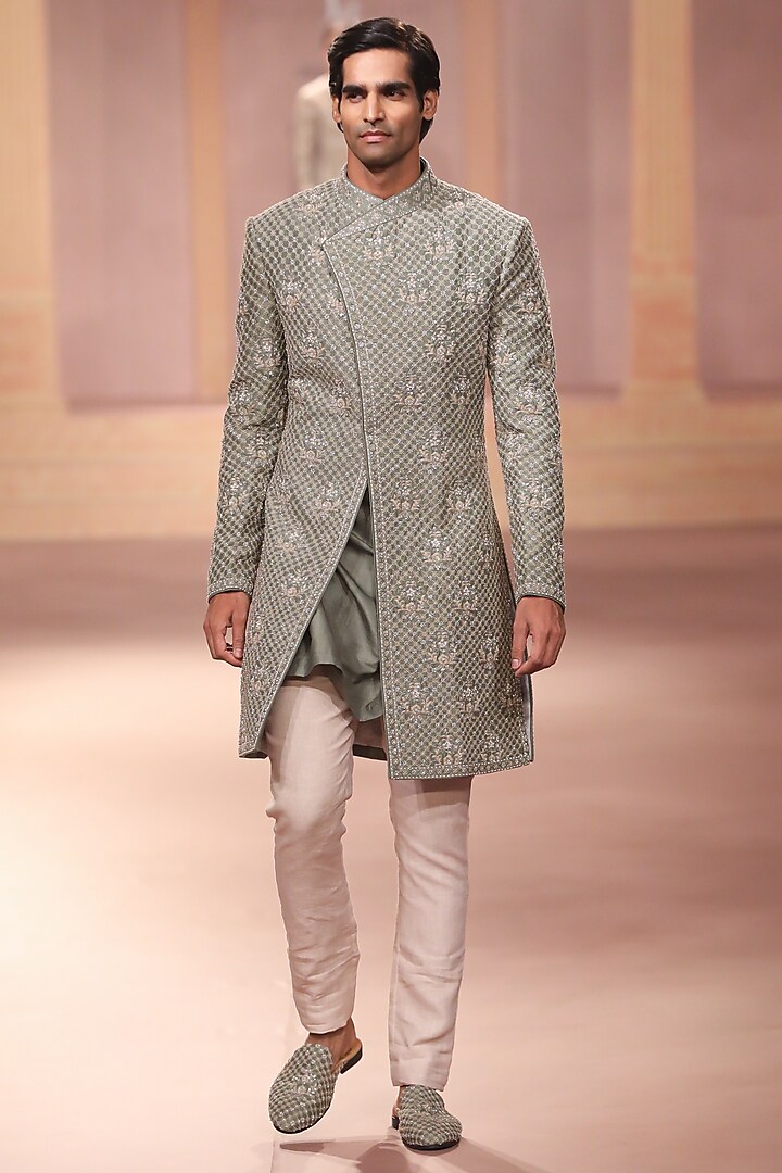 Mint Raw Silk Zardosi Embroidered Groom Sherwani Set by JAYANTI REDDY MEN at Pernia's Pop Up Shop