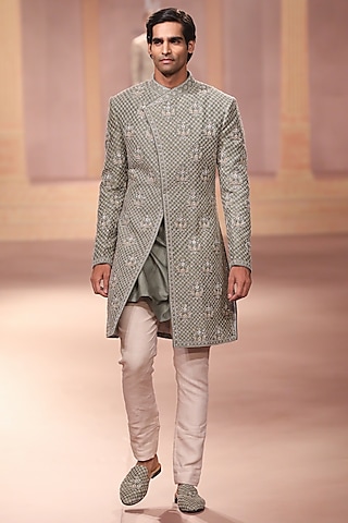 Mint Raw Silk Zardosi Embroidered Sherwani Set by JAYANTI REDDY MEN