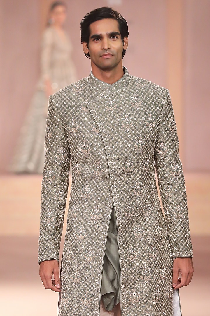 Mint Raw Silk Zardosi Embroidered Groom Sherwani Set by JAYANTI REDDY MEN at Pernia's Pop Up Shop