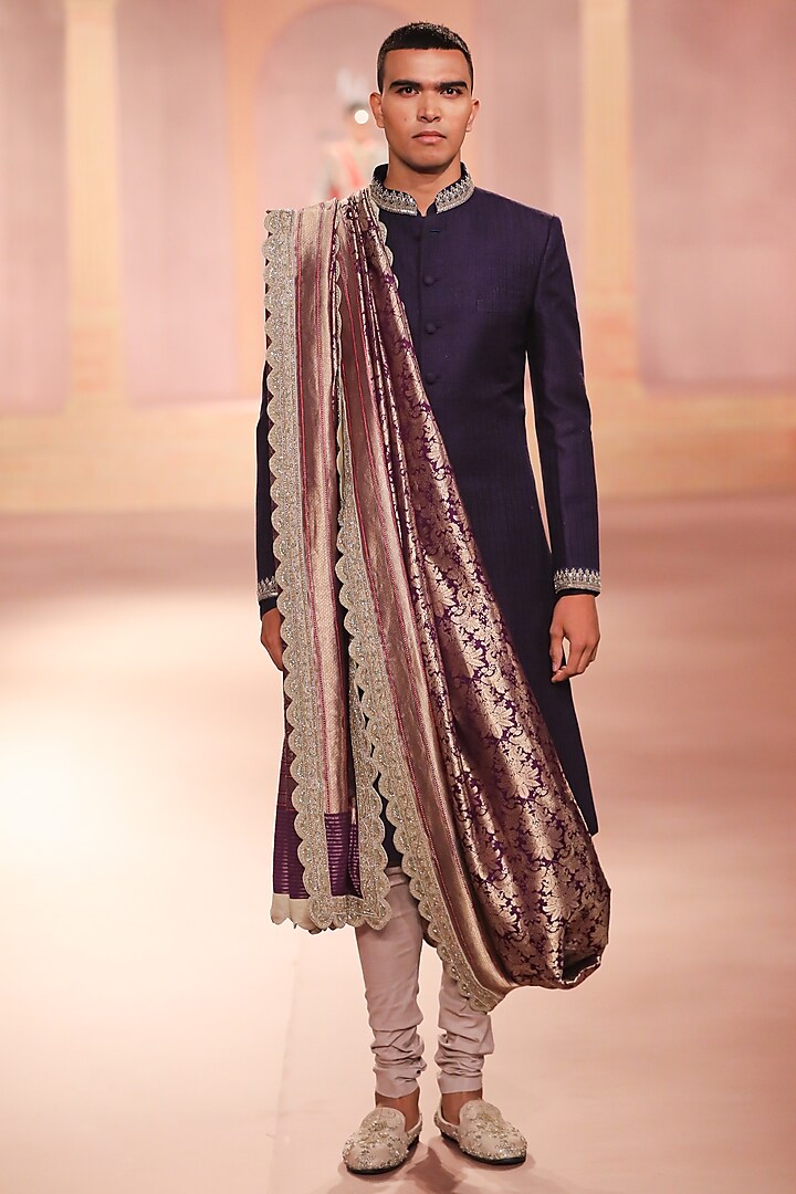 Purple Raw Silk Textured Embroidered Groom Sherwani Set by JAYANTI REDDY MEN at Pernia's Pop Up Shop