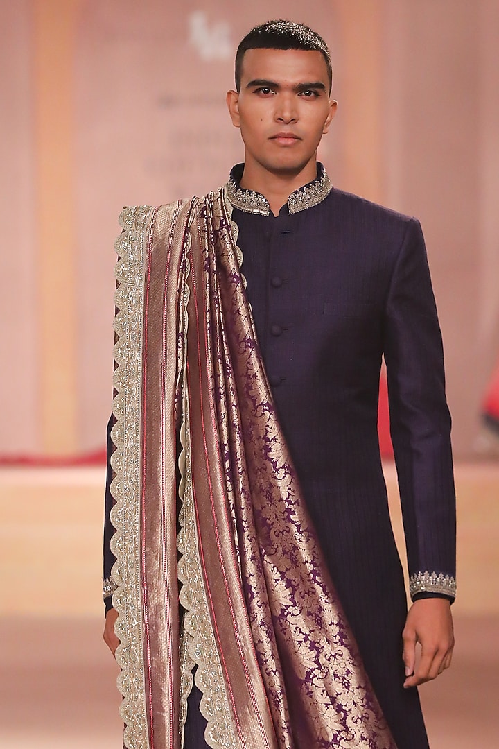 Purple Raw Silk Textured Embroidered Groom Sherwani Set by JAYANTI REDDY MEN at Pernia's Pop Up Shop