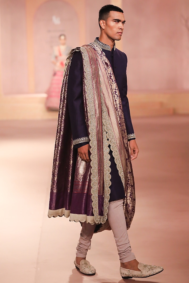 Purple Raw Silk Textured Embroidered Groom Sherwani Set by JAYANTI REDDY MEN at Pernia's Pop Up Shop
