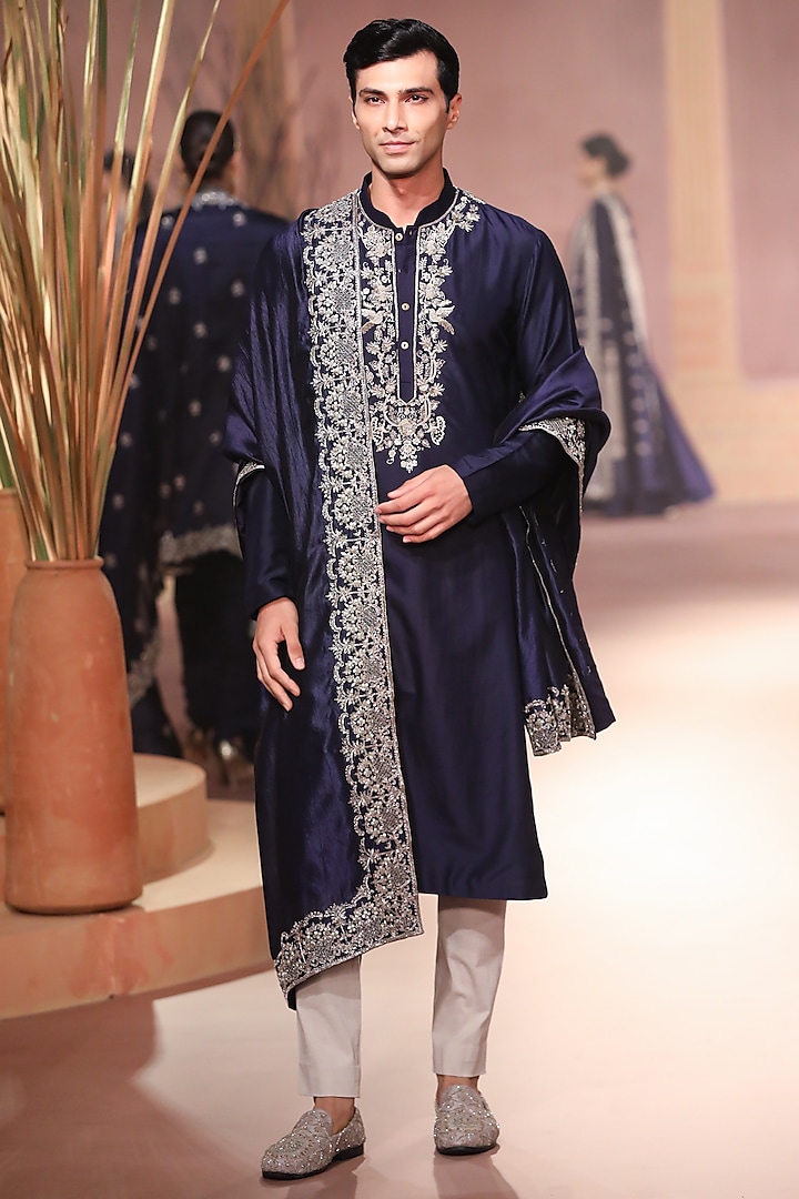 Purple Silk Embroidered Kurta Set by JAYANTI REDDY MEN