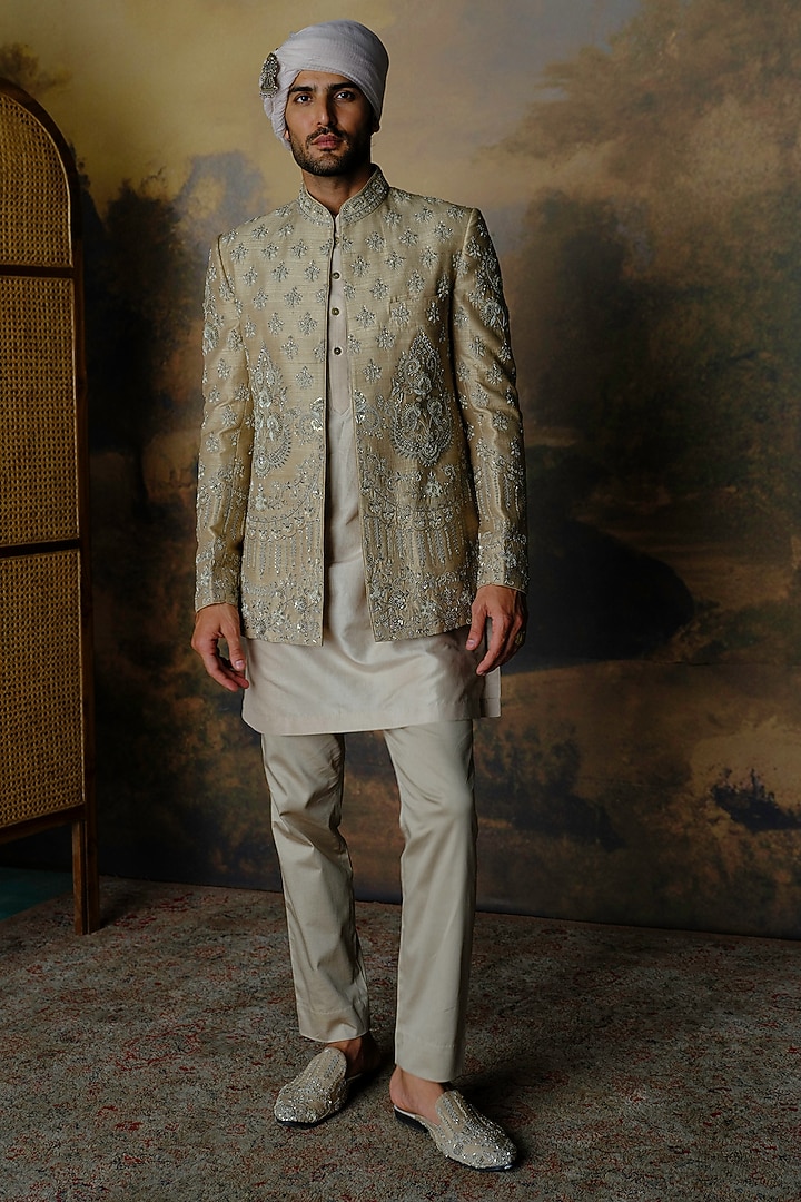 Beige Silk Zardosi Embroidered Bundi Jacket Set by JAYANTI REDDY MEN at Pernia's Pop Up Shop