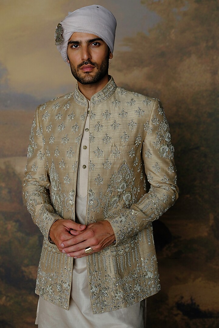 Beige Silk Zardosi Embroidered Bundi Jacket Set by JAYANTI REDDY MEN at Pernia's Pop Up Shop