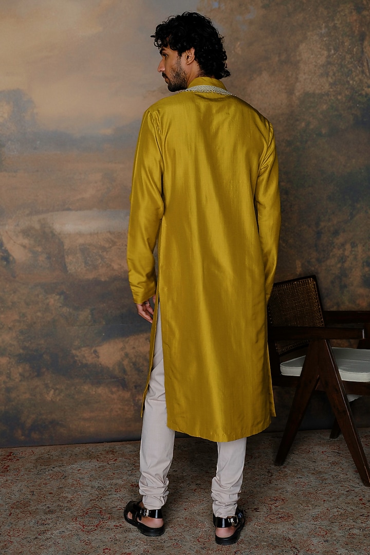 Mustard Silk Zardosi Embroidered Kurta Set by JAYANTI REDDY MEN at Pernia's Pop Up Shop