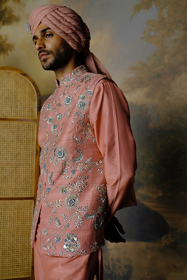 Peach Silk Zardosi Embroidered Bundi Jacket Set by JAYANTI REDDY MEN at Pernia's Pop Up Shop