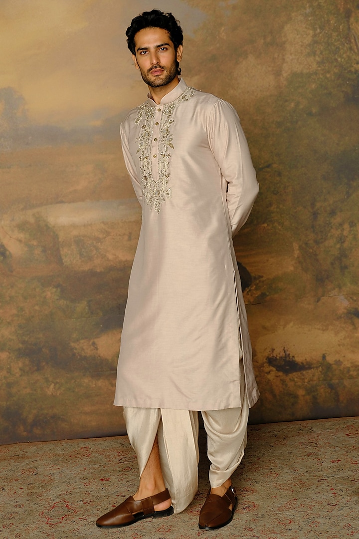 Beige Silk Zardosi Embroidered Kurta Set by JAYANTI REDDY MEN