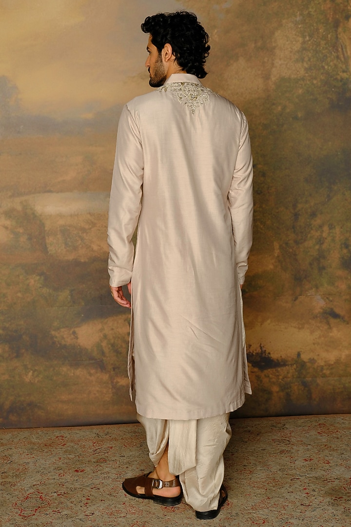 Beige Silk Zardosi Embroidered Kurta Set by JAYANTI REDDY MEN at Pernia's Pop Up Shop