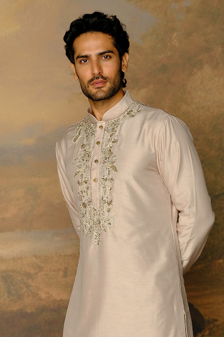 Beige Silk Zardosi Embroidered Kurta Set by JAYANTI REDDY MEN at Pernia's Pop Up Shop