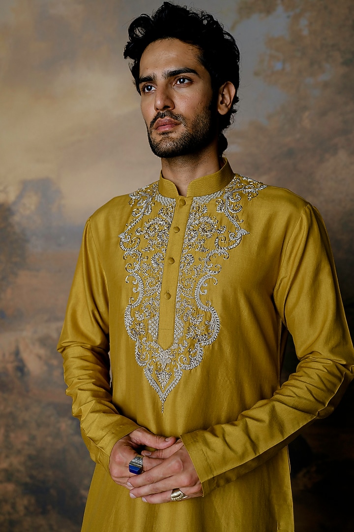 Mustard Silk Zardosi Embroidered Kurta Set by JAYANTI REDDY MEN at Pernia's Pop Up Shop