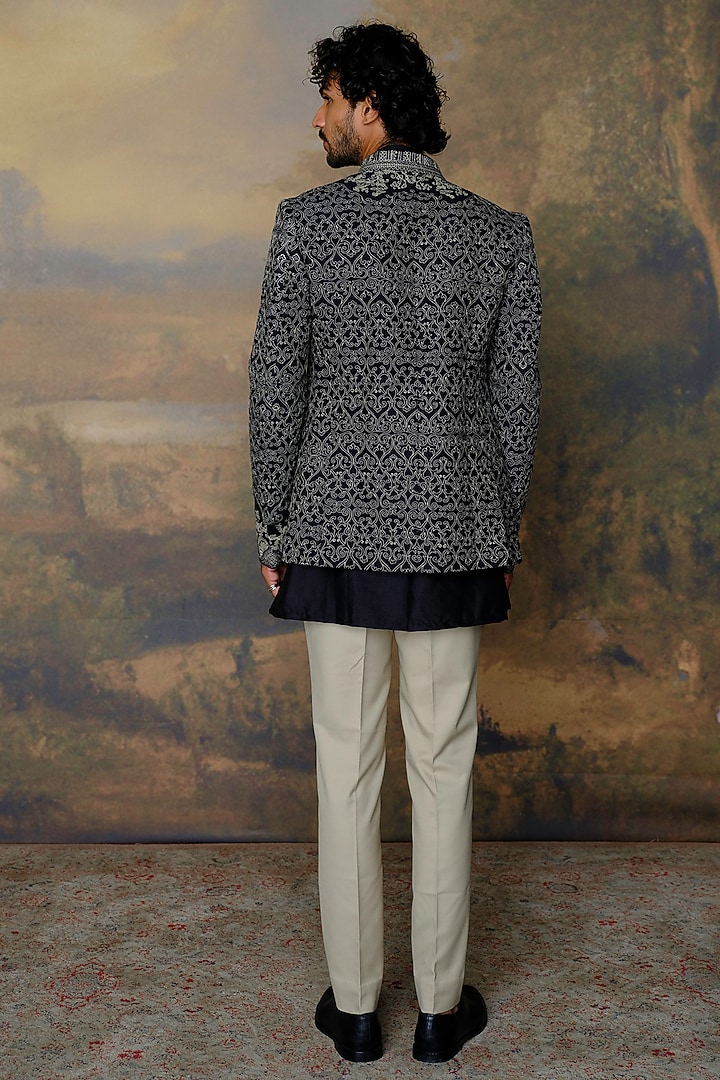 Black Silk Thread Work Open Jacket Set by JAYANTI REDDY MEN at Pernia's Pop Up Shop