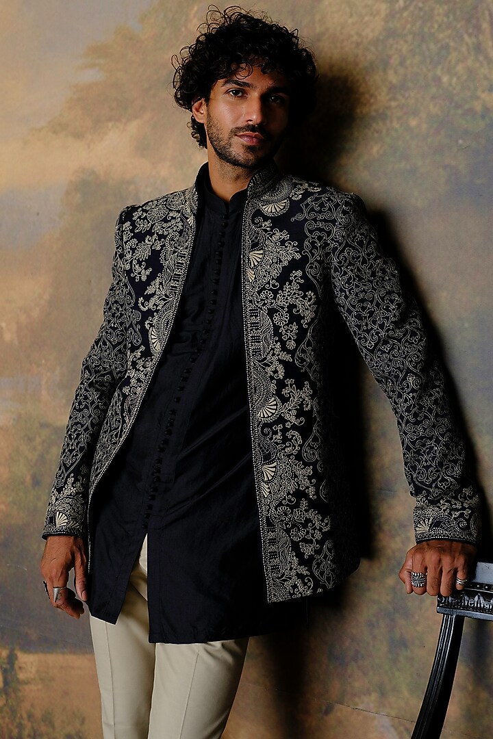 Black Silk Thread Work Open Jacket Set by JAYANTI REDDY MEN at Pernia's Pop Up Shop