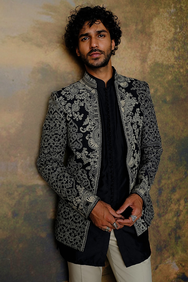 Black Silk Thread Work Open Jacket Set by JAYANTI REDDY MEN at Pernia's Pop Up Shop