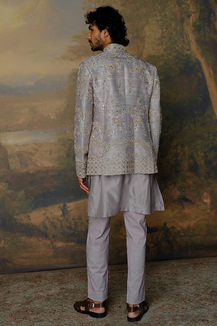Grey Silk Zardosi Embroidered Open Jacket Set by JAYANTI REDDY MEN at Pernia's Pop Up Shop