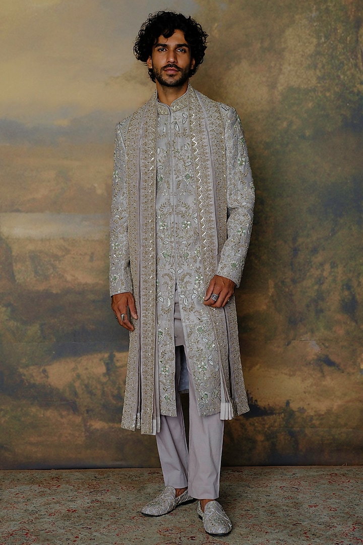 Grey Silk Zardosi Embroidered Sherwani Set by JAYANTI REDDY MEN