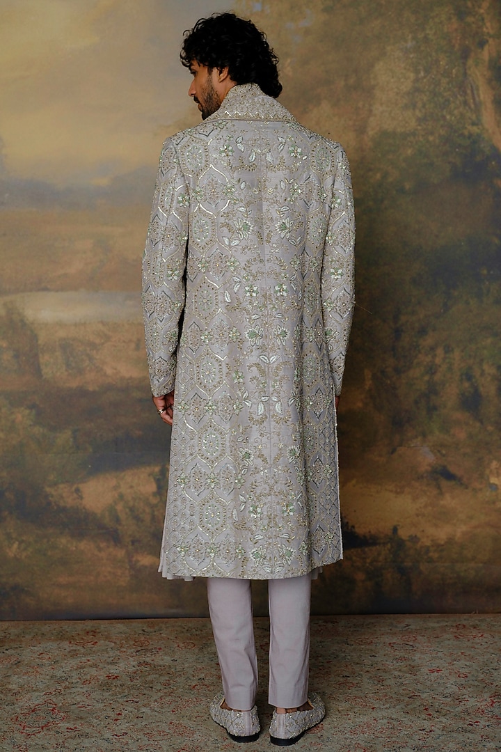 Grey Silk Zardosi Embroidered Groom Sherwani Set by JAYANTI REDDY MEN at Pernia's Pop Up Shop