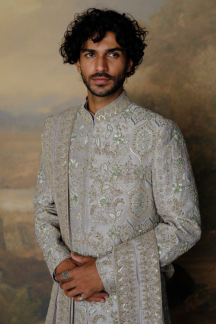 Grey Silk Zardosi Embroidered Groom Sherwani Set by JAYANTI REDDY MEN at Pernia's Pop Up Shop