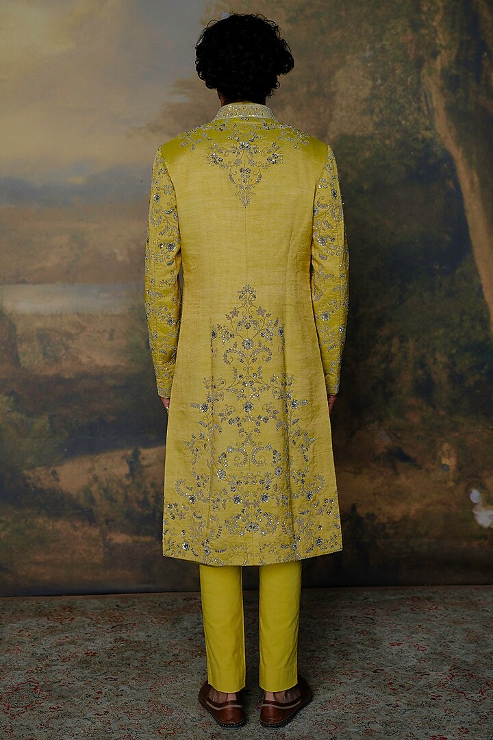 Mustard Silk Zardosi Embroidered Groom Sherwani Set by JAYANTI REDDY MEN at Pernia's Pop Up Shop