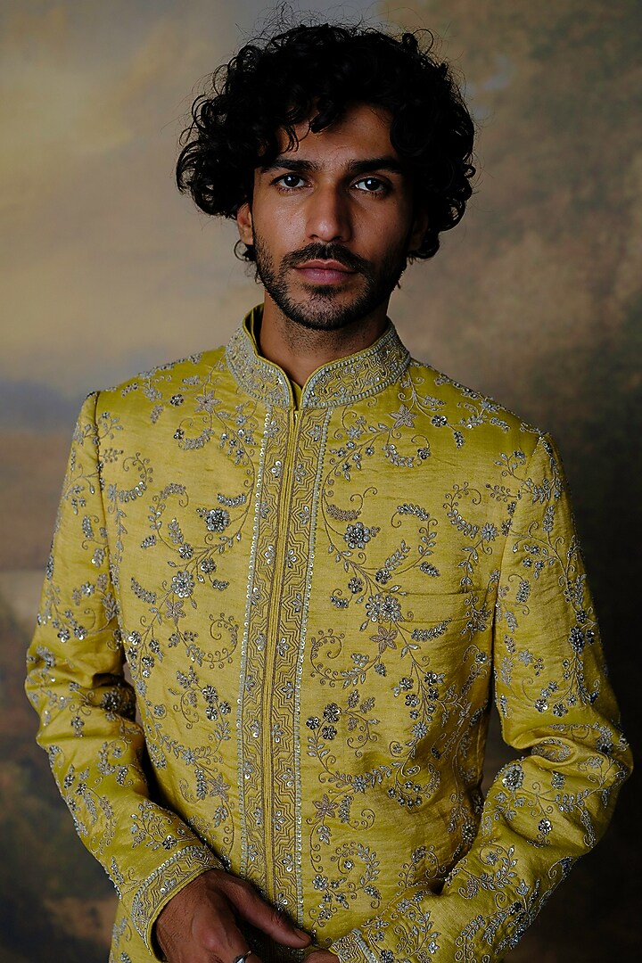 Mustard Silk Zardosi Embroidered Groom Sherwani Set by JAYANTI REDDY MEN at Pernia's Pop Up Shop