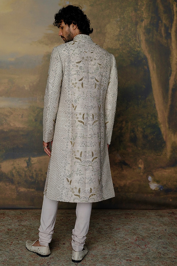Beige Silk Zardosi Embroidered Groom Sherwani Set by JAYANTI REDDY MEN at Pernia's Pop Up Shop