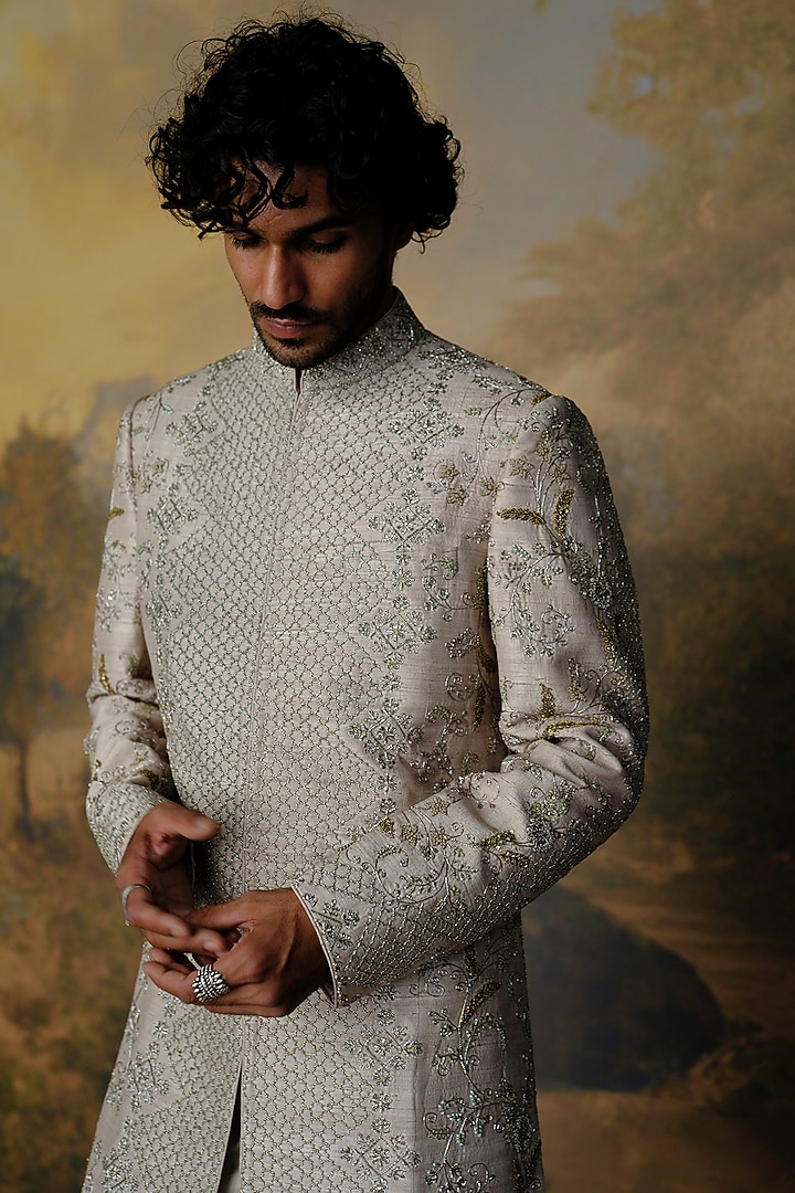 Beige Silk Zardosi Embroidered Groom Sherwani Set by JAYANTI REDDY MEN at Pernia's Pop Up Shop