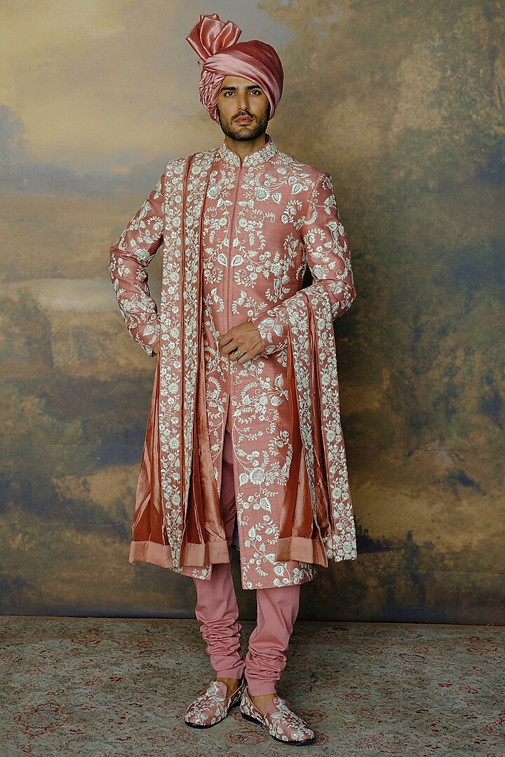 Peach Silk Thread Embroidered Sherwani Set by JAYANTI REDDY MEN