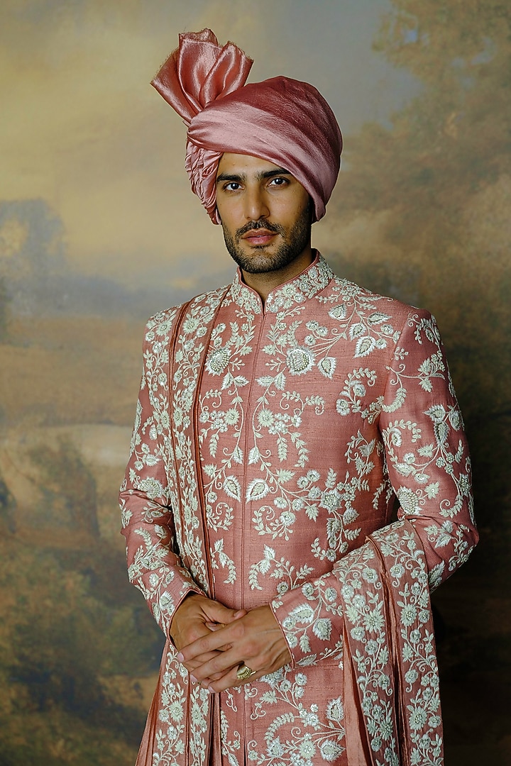 Peach Silk Thread Embroidered Groom Sherwani Set by JAYANTI REDDY MEN at Pernia's Pop Up Shop