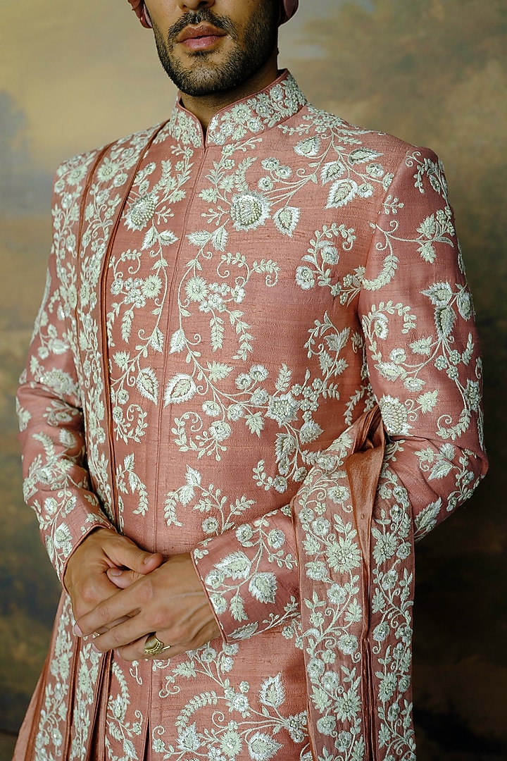 Peach Silk Thread Embroidered Groom Sherwani Set by JAYANTI REDDY MEN at Pernia's Pop Up Shop
