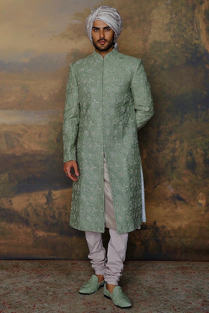 Mint Green Silk Chikankari Embroidered Sherwani Set by JAYANTI REDDY MEN