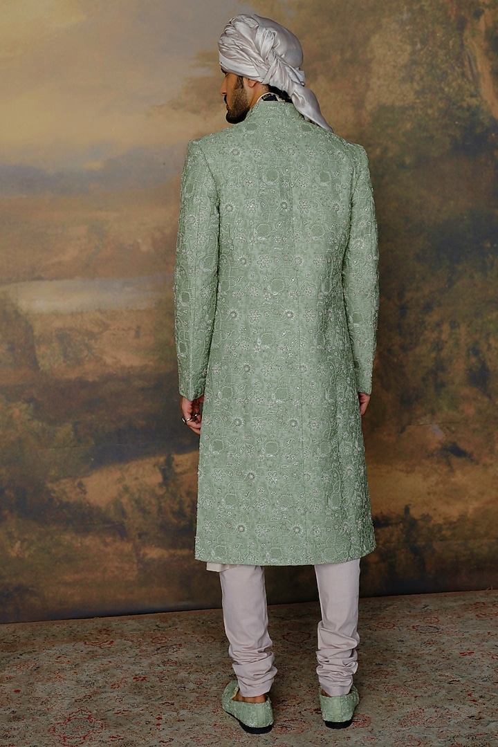 Mint Green Silk Chikankari Embroidered Groom Sherwani Set by JAYANTI REDDY MEN at Pernia's Pop Up Shop