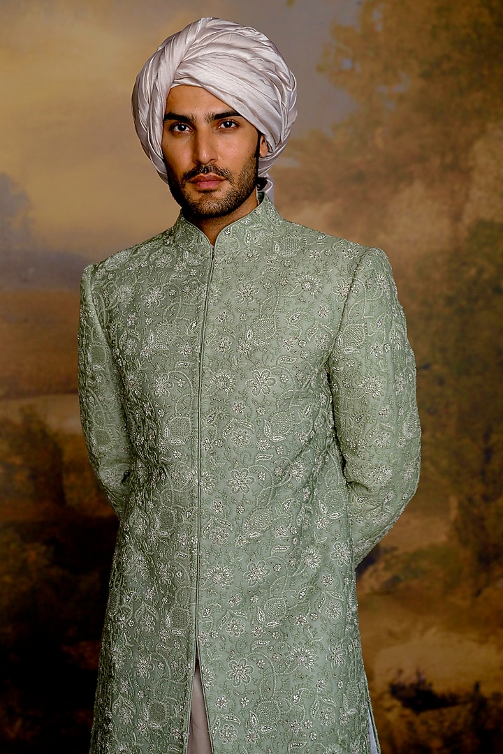 Mint Green Silk Chikankari Embroidered Groom Sherwani Set by JAYANTI REDDY MEN at Pernia's Pop Up Shop
