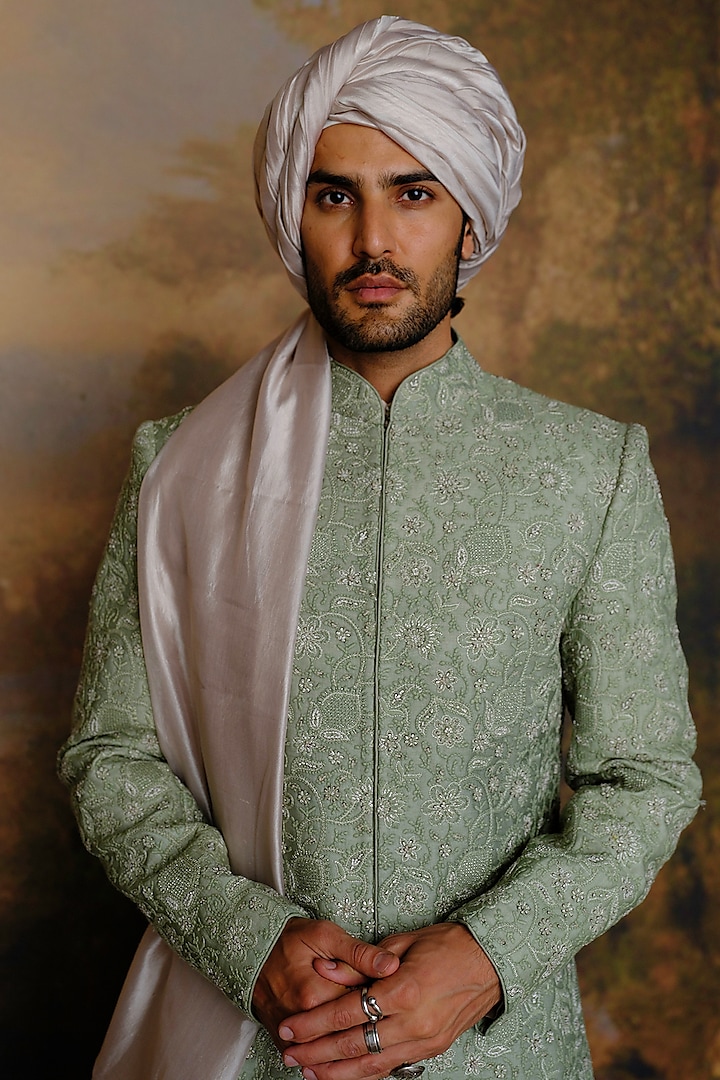 Mint Green Silk Chikankari Embroidered Groom Sherwani Set by JAYANTI REDDY MEN at Pernia's Pop Up Shop