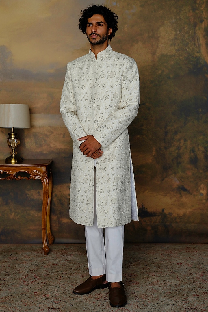 Ivory Silk Chikankari Embroidered Sherwani Set by JAYANTI REDDY MEN