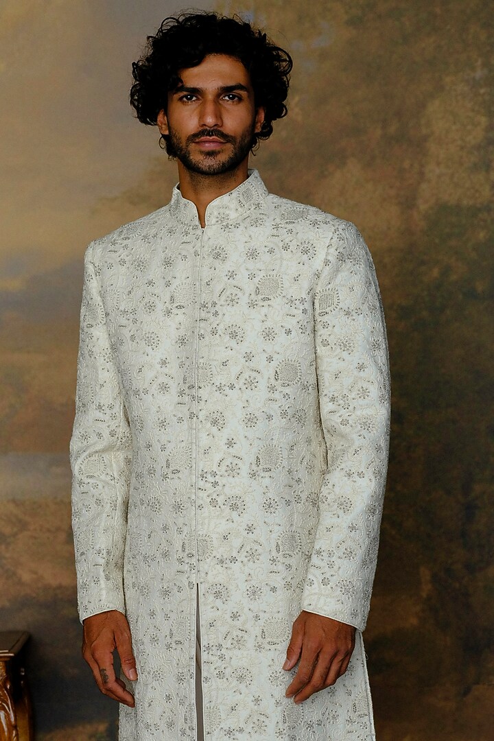 Ivory Silk Chikankari Embroidered Groom Sherwani Set by JAYANTI REDDY MEN at Pernia's Pop Up Shop