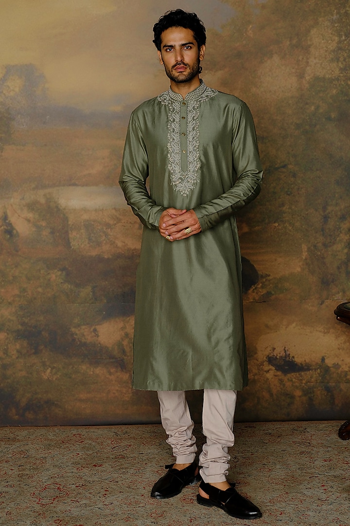 Mint Green Silk Zardosi Embroidered Kurta Set by JAYANTI REDDY MEN