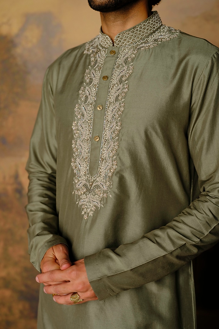 Mint Green Silk Zardosi Embroidered Kurta Set by JAYANTI REDDY MEN at Pernia's Pop Up Shop