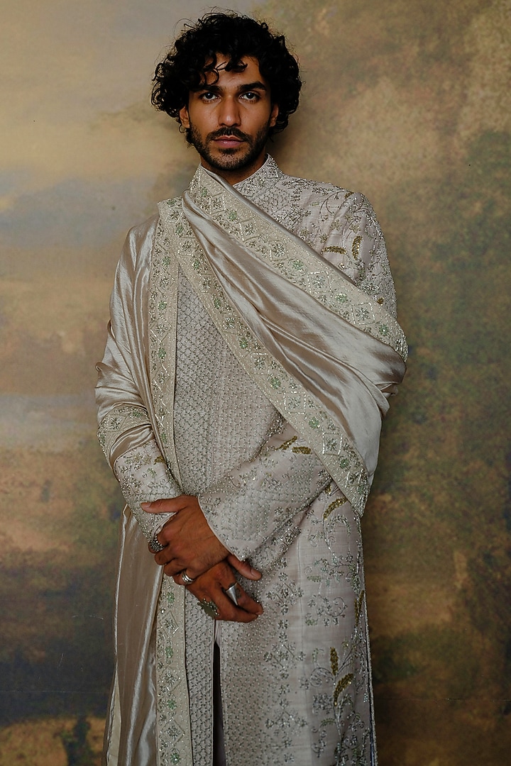 Beige Silk Zardosi Embroidered Groom Sherwani Set by JAYANTI REDDY MEN at Pernia's Pop Up Shop