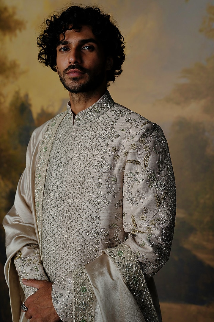 Beige Silk Zardosi Embroidered Groom Sherwani Set by JAYANTI REDDY MEN at Pernia's Pop Up Shop