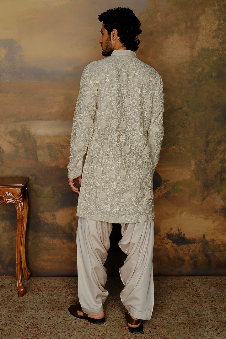 Beige Silk Zardosi Chikankari Kurta Set by JAYANTI REDDY MEN at Pernia's Pop Up Shop