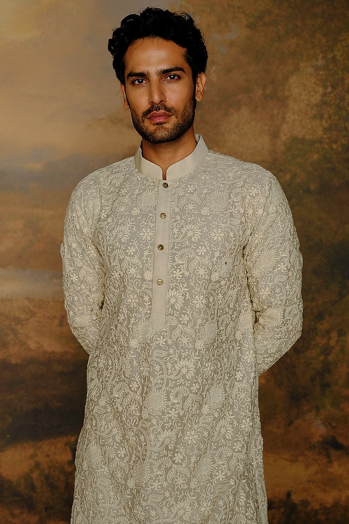 Beige Silk Zardosi Chikankari Kurta Set by JAYANTI REDDY MEN at Pernia's Pop Up Shop