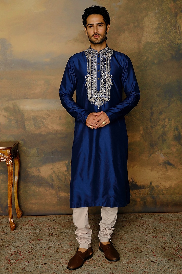 Navy Blue Silk Zardosi Embroidered Kurta Set by JAYANTI REDDY MEN