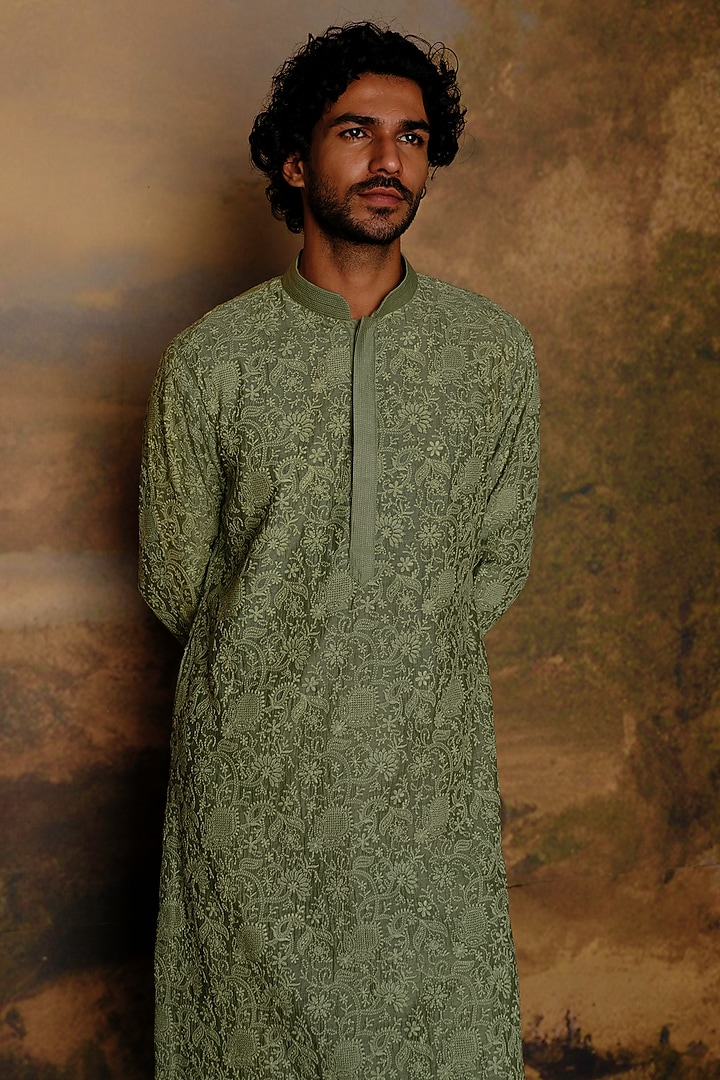 Mint Green Silk Zardosi Embroidered Kurta Set by JAYANTI REDDY MEN at Pernia's Pop Up Shop