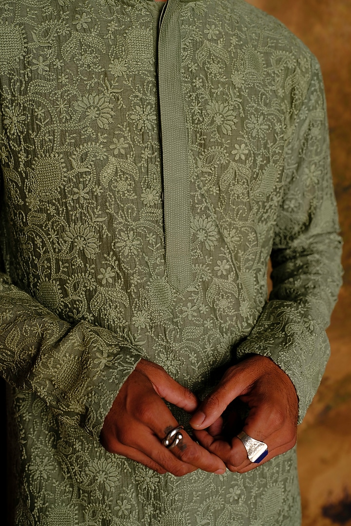 Mint Green Silk Zardosi Embroidered Kurta Set by JAYANTI REDDY MEN at Pernia's Pop Up Shop