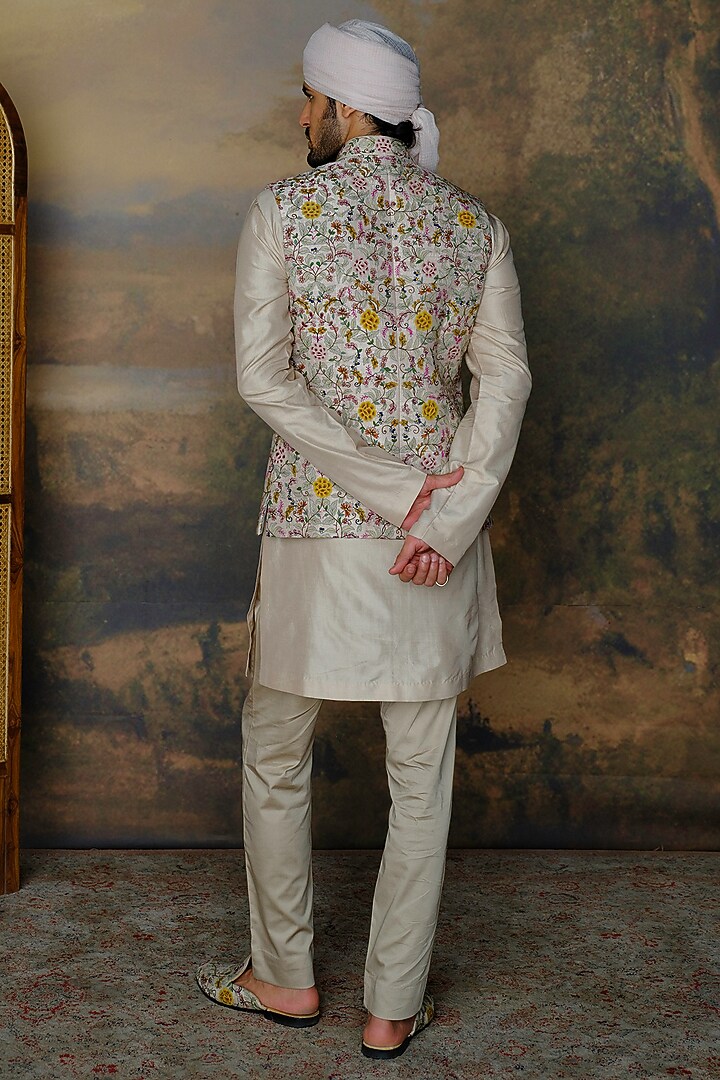 Beige Silk Zardosi Embroidered Bundi Jacket Set by JAYANTI REDDY MEN at Pernia's Pop Up Shop