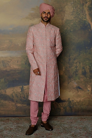Peach Silk Zardosi Embroidered Sherwani Set by JAYANTI REDDY MEN