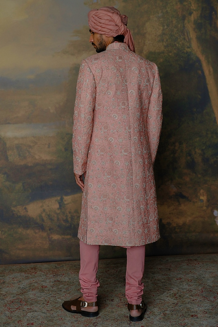 Peach Silk Zardosi Embroidered Groom Sherwani Set by JAYANTI REDDY MEN at Pernia's Pop Up Shop